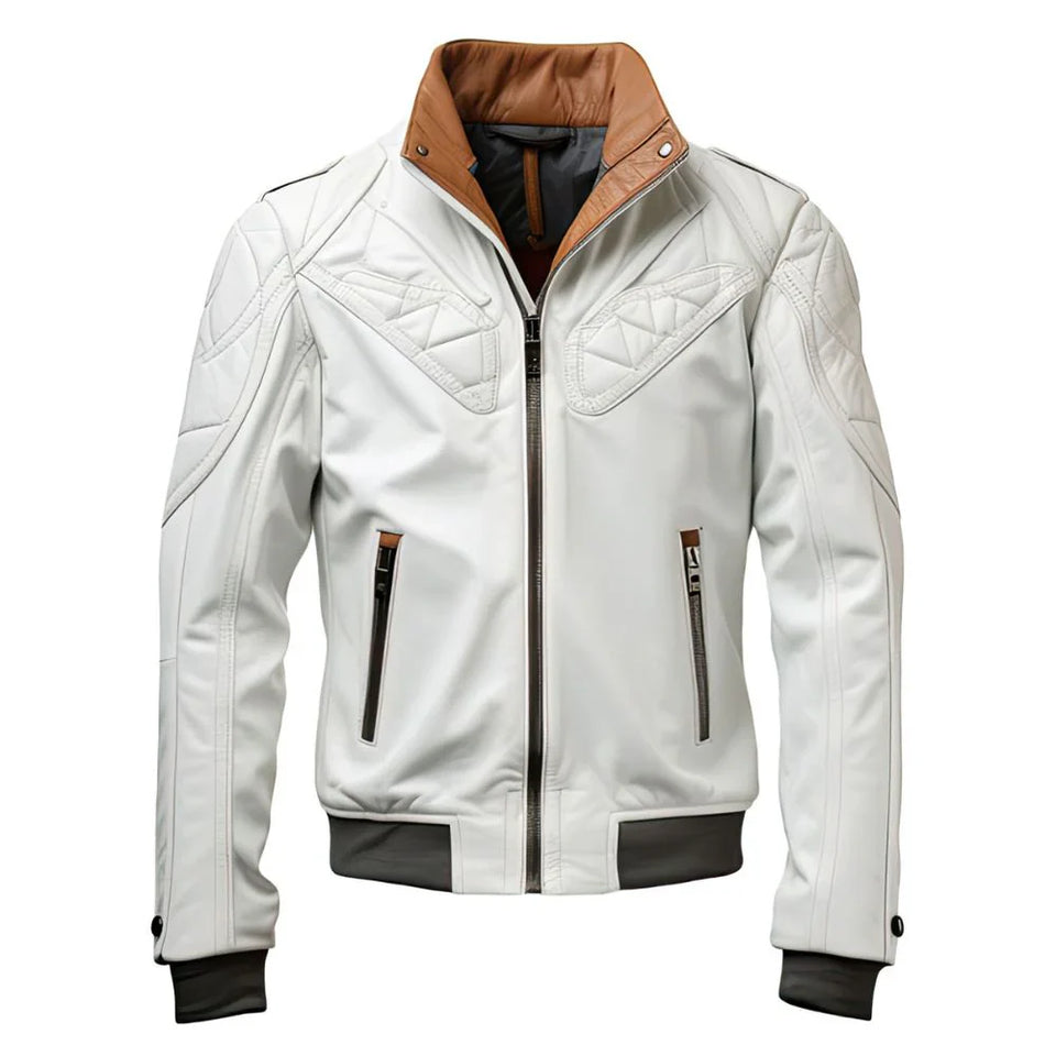 White Slim-Fit Motorcycle Genuine Sheepskin Leather Jacket for Men