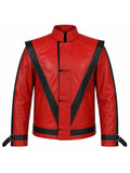 Red leather Thriller jacket with black V stripes, snap button front and buckle strap cuffs