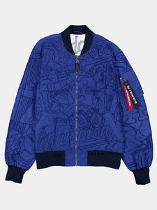 Close-up of stitched Ohtani number 17 and Dodgers championship ring embroidery on the back of a blue bomber jacket