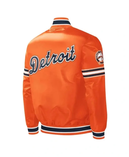 Orange Detroit Tigers varsity satin jacket front view