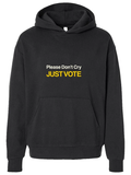 Black pullover hoodie with white and yellow Please Don't Cry Just Vote text on the chest and a front kangaroo pocket