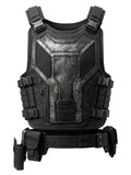 Black tactical leather vest with distressed gray panels, side straps and belt pouches