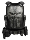 Black Punisher skull tactical vest with gray chest plate, shoulder buckles and utility belt