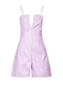 Women’s purple leather playsuit with spaghetti straps