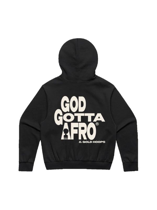 Black Rapsody hoodie with large cream God Gotta Afro and Gold Hoops lettering and an afro silhouette graphic on the upper back