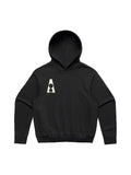 Black Rapsody hoodie with a small cream afro silhouette logo on the chest and ribbed cuffs and hem