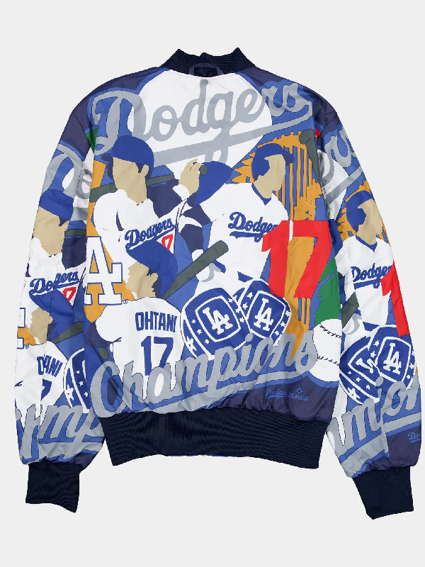 Shohei Ohtani number 17 Dodgers championship graphic print with LA rings and script lettering on a reversible jacket