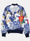 Shohei Ohtani number 17 Dodgers championship graphic print with LA rings and script lettering on a reversible jacket