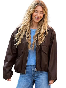 The Housemaid’s Secret Sydney Sweeney brown leather jacket