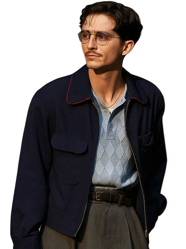 Marty Supreme blue jacket with full-length sleeves