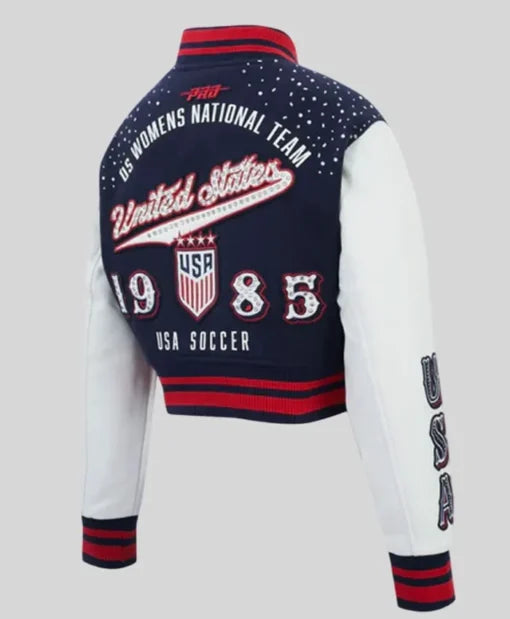 Navy blue and white Pro Standard US Soccer varsity jacket