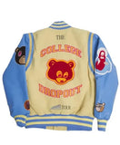 Cream and blue College Dropout varsity jacket for men and women