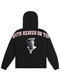 Black fleece hoodie with arched white and red With Heaven On Top lettering and a black-and-white sailor portrait on the back