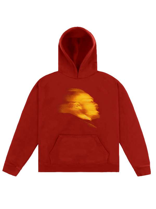 Red fleece hoodie with golden-orange blurred portrait graphic on the chest, kangaroo pocket and ribbed cuffs