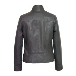 Black Stab-Stitch Style Genuine Sheepskin Racer Leather Jacket for Women