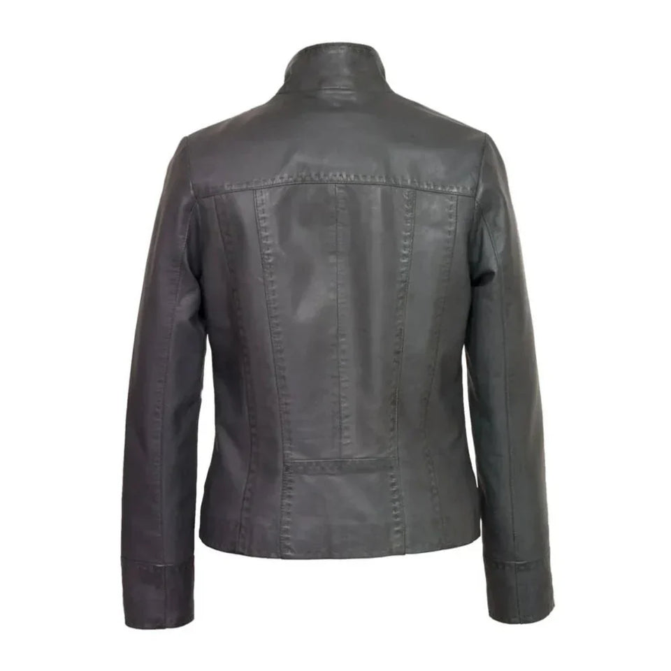 Black Stab-Stitch Style Genuine Sheepskin Racer Leather Jacket for Women
