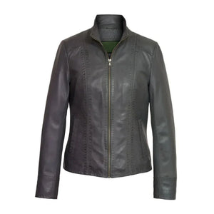 Black Stab-Stitch Style Genuine Sheepskin Racer Leather Jacket for Women