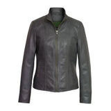 Black Stab-Stitch Style Genuine Sheepskin Racer Leather Jacket for Women