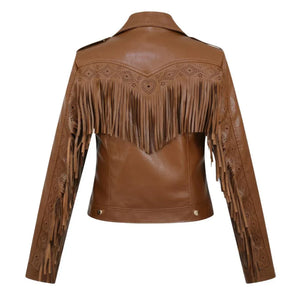 Classic Brown Fringed Tassels Genuine Sheepskin Leather Jacket For Women