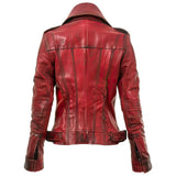 Distressed Maroon Genuine Sheepskin Moto Biker Leather Jacket For Women