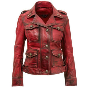 Distressed Maroon Genuine Sheepskin Moto Biker Leather Jacket For Women