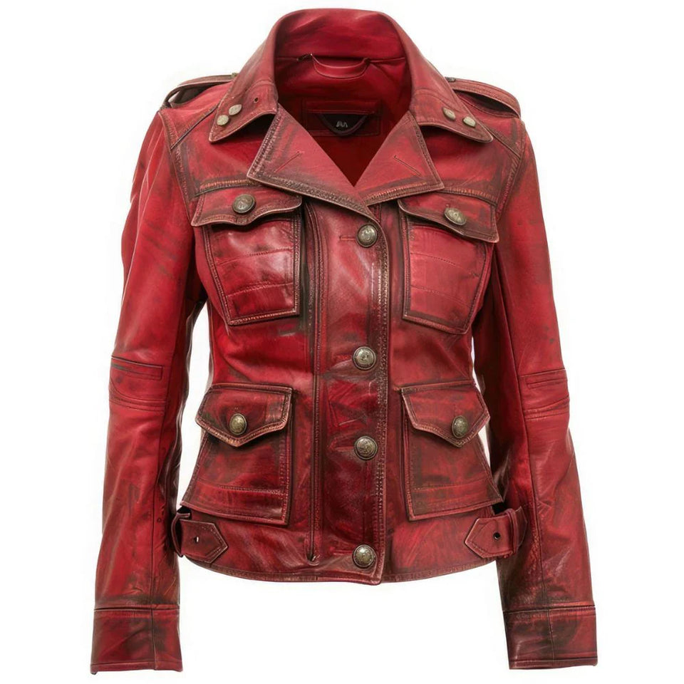 Distressed Maroon Genuine Sheepskin Moto Biker Leather Jacket For Women