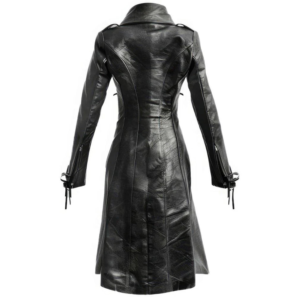 Gothic Chic Black Genuine Sheepskin Long Leather Trench Coat for Women