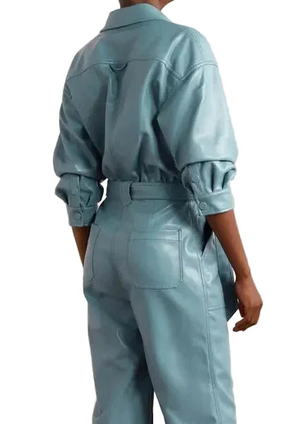 Women’s blue leather jumpsuit with chest pockets