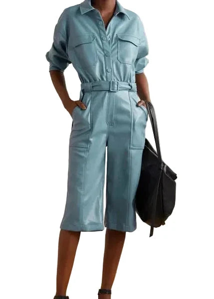 Blue utility jumpsuit with shirt collar
