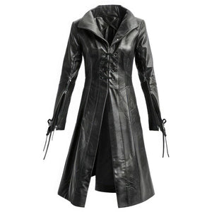 Gothic Chic Black Genuine Sheepskin Long Leather Trench Coat for Women