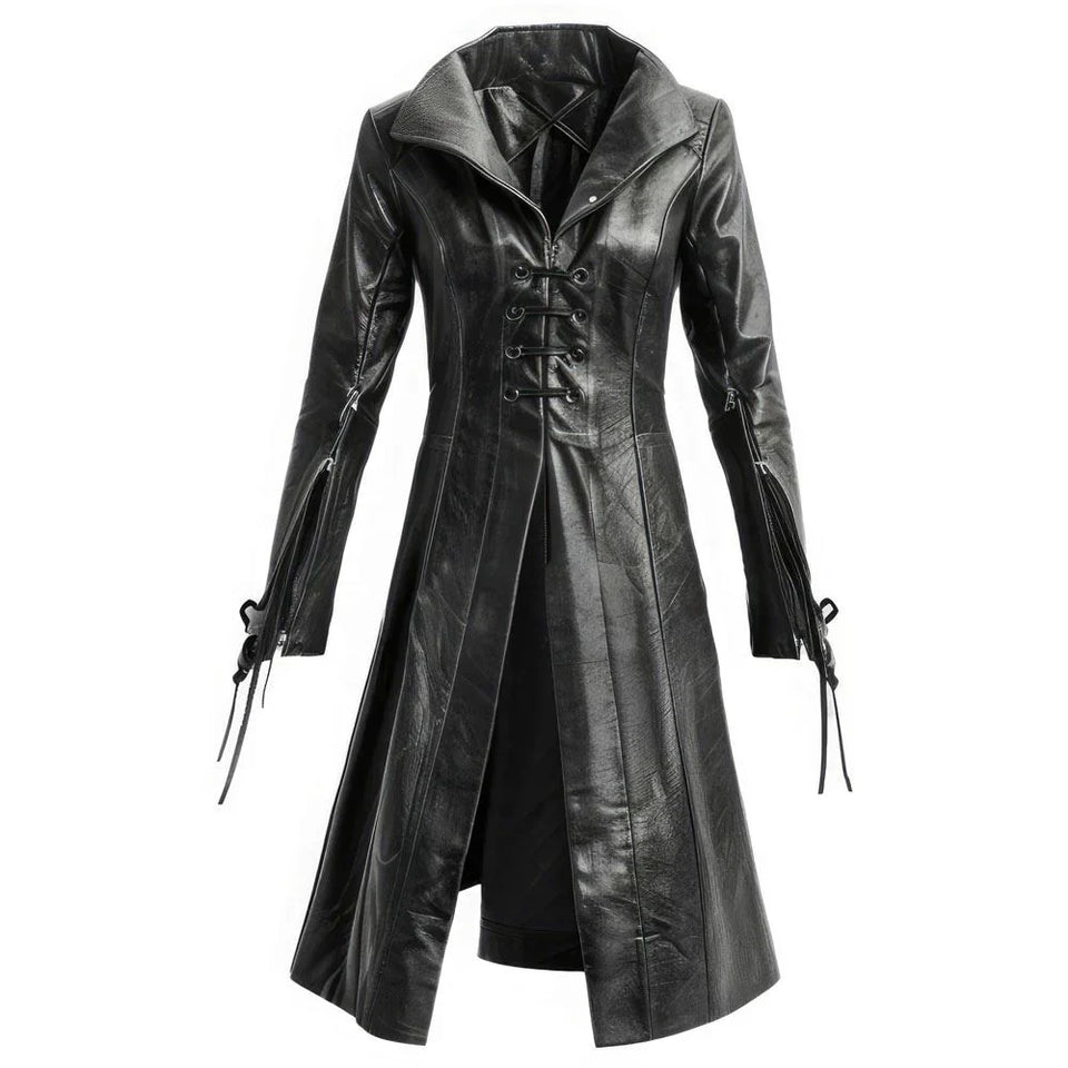 Gothic Chic Black Genuine Sheepskin Long Leather Trench Coat for Women