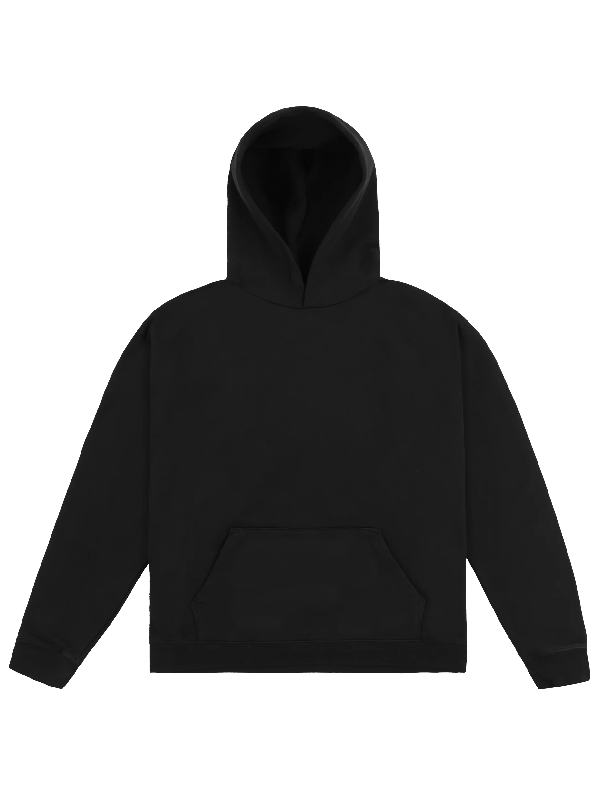 Plain black pullover hoodie with front kangaroo pocket, ribbed cuffs and ribbed hem