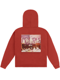 Rust fleece hoodie with a vintage collage patch of friends gathered around bar counters on the back and a hood