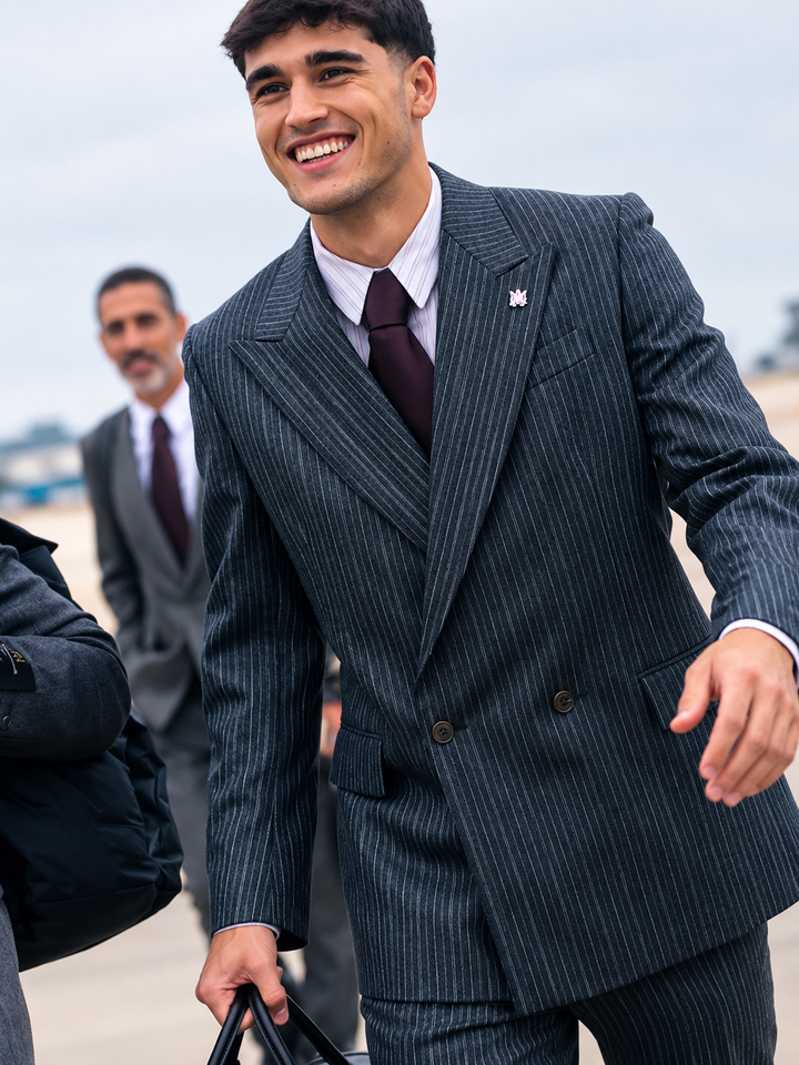 Matching grey tailored pants for the Barcelona 26/27 suit