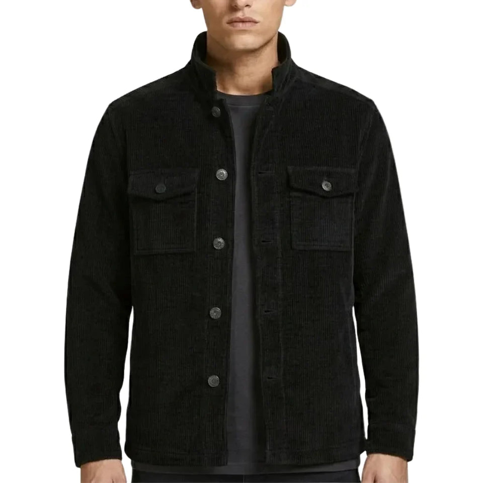 Black jacket with front button fastening
