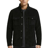 Black jacket with front button fastening
