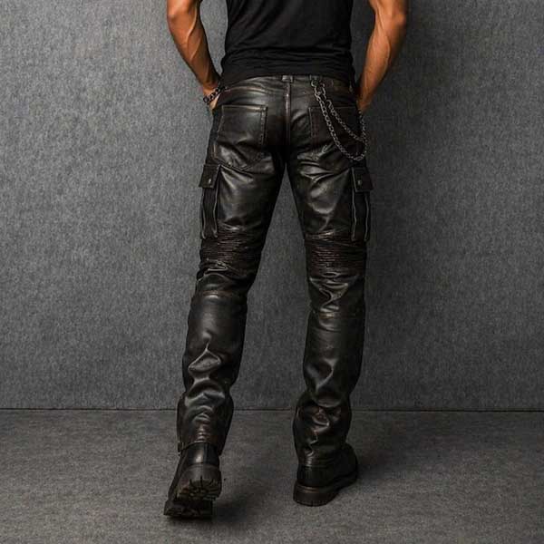 Mens Black Leather Biker Pants