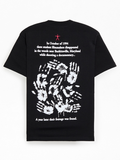 Back view of black Blair Witch t-shirt featuring eerie handprint graphic and 1994 Burkittsville story text
