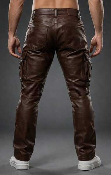 Brown Genuine Leather Biker Pants for Men