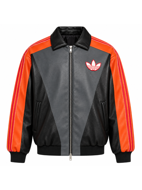 Front view of the Charizard colorway jacket showing the orange stripe trim and trefoil logo.