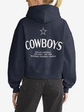 Back view of navy Dallas Cowboys hoodie featuring star logo and wordmark graphic