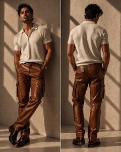 Deep Brown Genuine Leather Cargo Pants