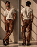 Deep Brown Genuine Leather Cargo Pants