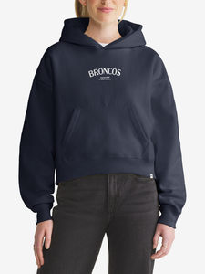 Woman wearing navy Denver Broncos foundation hoodie, front view with chest wordmark