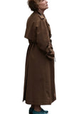 Brown trench coat with lapel collar and button closure
