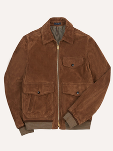Back view of the ribbed-hem chestnut brown suede jacket