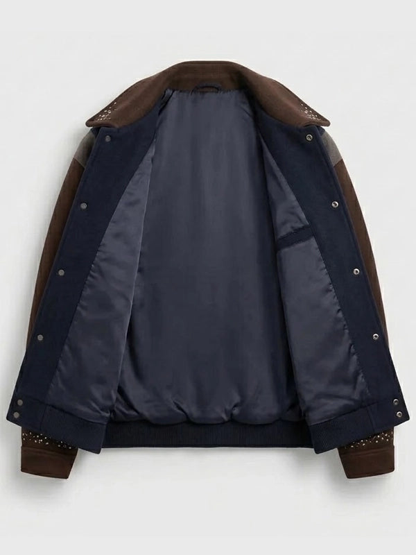 Kith Melton Wool Studded Full Snap Navy and Brown Varsity Jacket