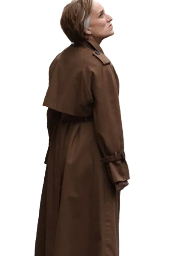 Brown trench coat with lapel collar and button closure