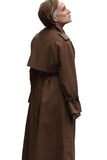 Brown trench coat with lapel collar and button closure