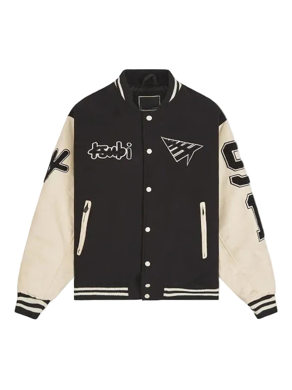 Black and white jacket with rib-knitted collar